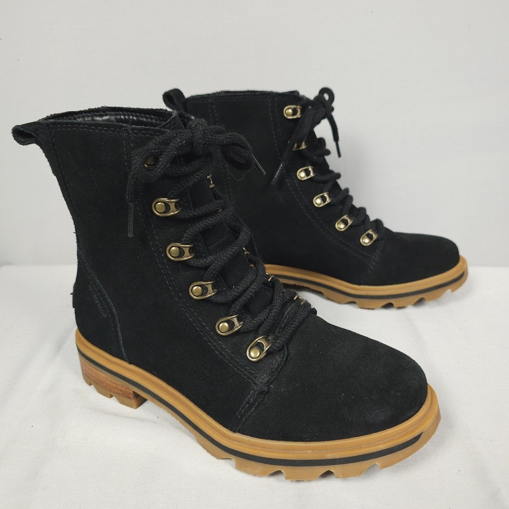 Sorel Lennox Combat Boots Women 6.5 Black Suede Gum Sole Mid Lace Up Waterproof